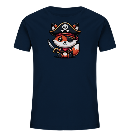 Onlineshop Shirts fuer Kinder - Das Bild zeigt ein dunkelblaues Kinder T-Shirt mit einer suessen Cartoon-Grafik. Abgebildet ist ein kleiner Fuchs in Piratenkleidung, sitzend und einen Saebel haltend. Er traegt einen Piratenhut mit Totenkopfmotiv und eine Augenklappe. Dieses Design ist verspielt und thematisch passend fuer kleine Abenteurer.