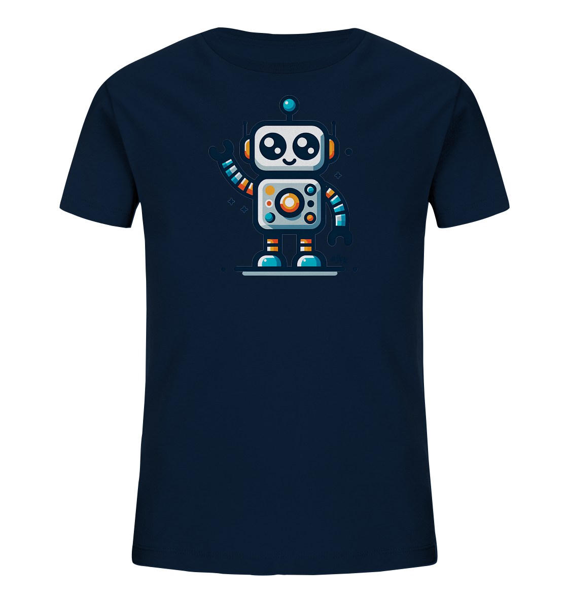 Onlineshop Shirts fuer Kinder - Das Bild zeigt ein dunkelblaues Kinder-T-Shirt mit einer Grafik eines freundlichen Roboters. Der Cartoon-Roboter ist weiss und grau mit bunten Details in Orange und Blau. Er steht auf einer grauen Linie, winkt mit der Hand und hat einen froehlichen Gesichtsausdruck. Das Design wirkt modern und verspielt, ideal fuer Kinder.