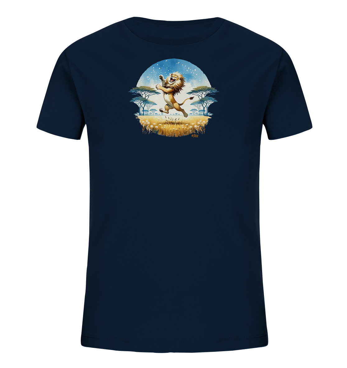 Onlineshop Shirts fuer Kinder - Das dunkelblaue Kinder-T-Shirt zeigt einen springenden Loewen. Das Motiv ist eine Savannenlandschaft mit Baeumen und Graesern, umrahmt von einem hellblauen Kreis. Der Loewe ist in der Mitte des farbenfrohen Designs. Es ist ein froehliches und lebendiges Motiv.