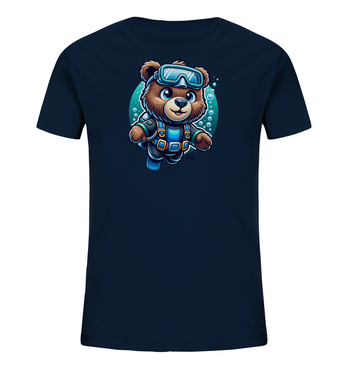 Onlineshop Shirts fuer Kinder - Das Bild zeigt ein dunkelblaues Kinder-T-Shirt mit einem farbenfrohen Aufdruck. Die Illustration zeigt einen laechelnden Cartoon-Baeren, der in voller Tauchausruestung mit Maske und Sauerstoffflasche durch eine ovale, hellblaue Unterwasserwelt schwimmt. Kleine Blasen umgeben den Baeren und verleihen dem Motiv Dynamik. Das verspielte Design eignet sich perfekt fuer kleine Abenteurer.