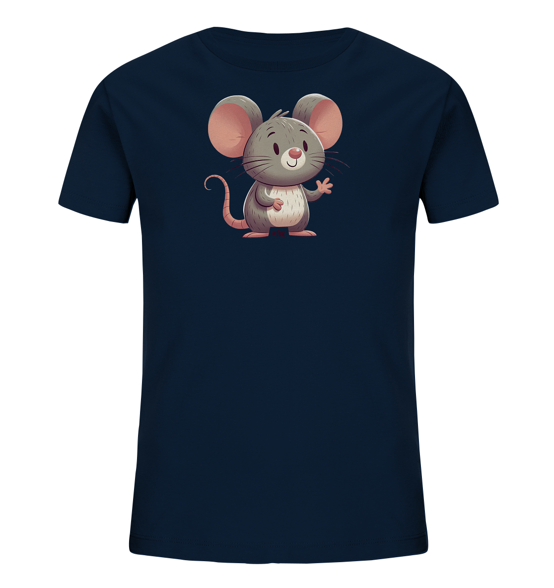 Onlineshop Shirts für Kinder - Dieses Bild zeigt ein dunkelblaues (Navy) T-Shirt für Kinder, das auf einem schwarzen Hintergrund präsentiert wird. Im Zentrum der Vorderseite ist eine charmante Illustration einer grauen Maus zu sehen. Die Maus hat große, rosa Ohren, eine rosa Schnauze und Pfoten sowie einen geringelten Schwanz. Sie lächelt freundlich und winkt mit einer Pfote, was dem Design einen verspielten Touch verleiht.