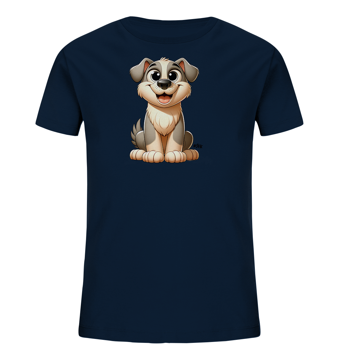 Onlineshop Shirts fuer Kinder - Das Bild zeigt ein dunkelblaues Kinder-T-Shirt mit einer niedlichen Cartoon-Grafik auf der Vorderseite. Die Grafik stellt einen freundlich laechelnden Hund mit grauem und weissem Fell dar. Der Hund sitzt aufrecht und hat grosse, ausdrucksstarke Augen. Das Design wirkt kindgerecht und verspielt.