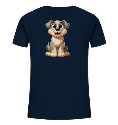 Onlineshop Shirts fuer Kinder - Das Bild zeigt ein dunkelblaues Kinder-T-Shirt mit einer niedlichen Cartoon-Grafik auf der Vorderseite. Die Grafik stellt einen freundlich laechelnden Hund mit grauem und weissem Fell dar. Der Hund sitzt aufrecht und hat grosse, ausdrucksstarke Augen. Das Design wirkt kindgerecht und verspielt.