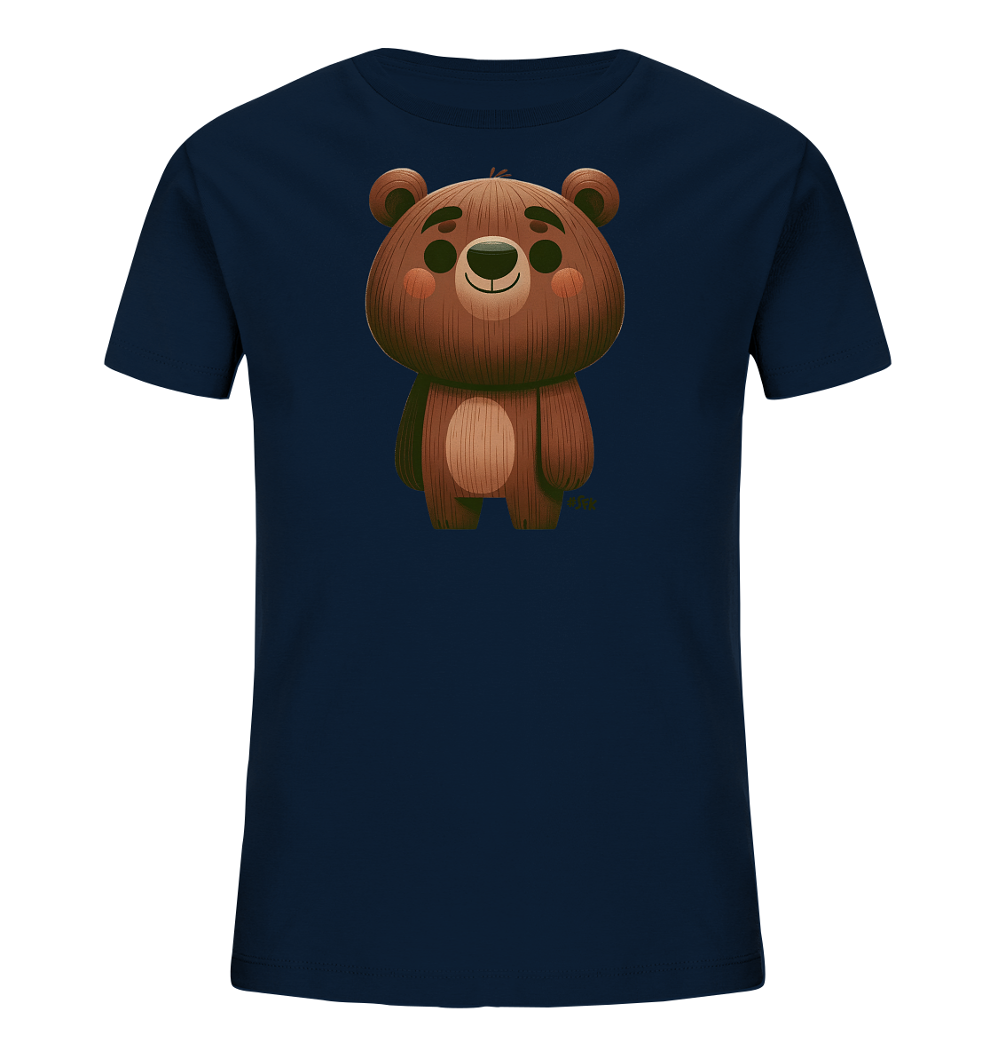 Onlineshop Shirts fuer Kinder - Das Bild zeigt ein dunkelblaues T-Shirt fuer Kinder. Auf der Vorderseite ist eine niedliche, cartoonartige Baerenillustration zu sehen. Der Baer ist braun mit texturiertem Fell, hat rosige Wangen und ein freundliches Laecheln. Das Design wirkt verspielt und ansprechend fuer Kinder.