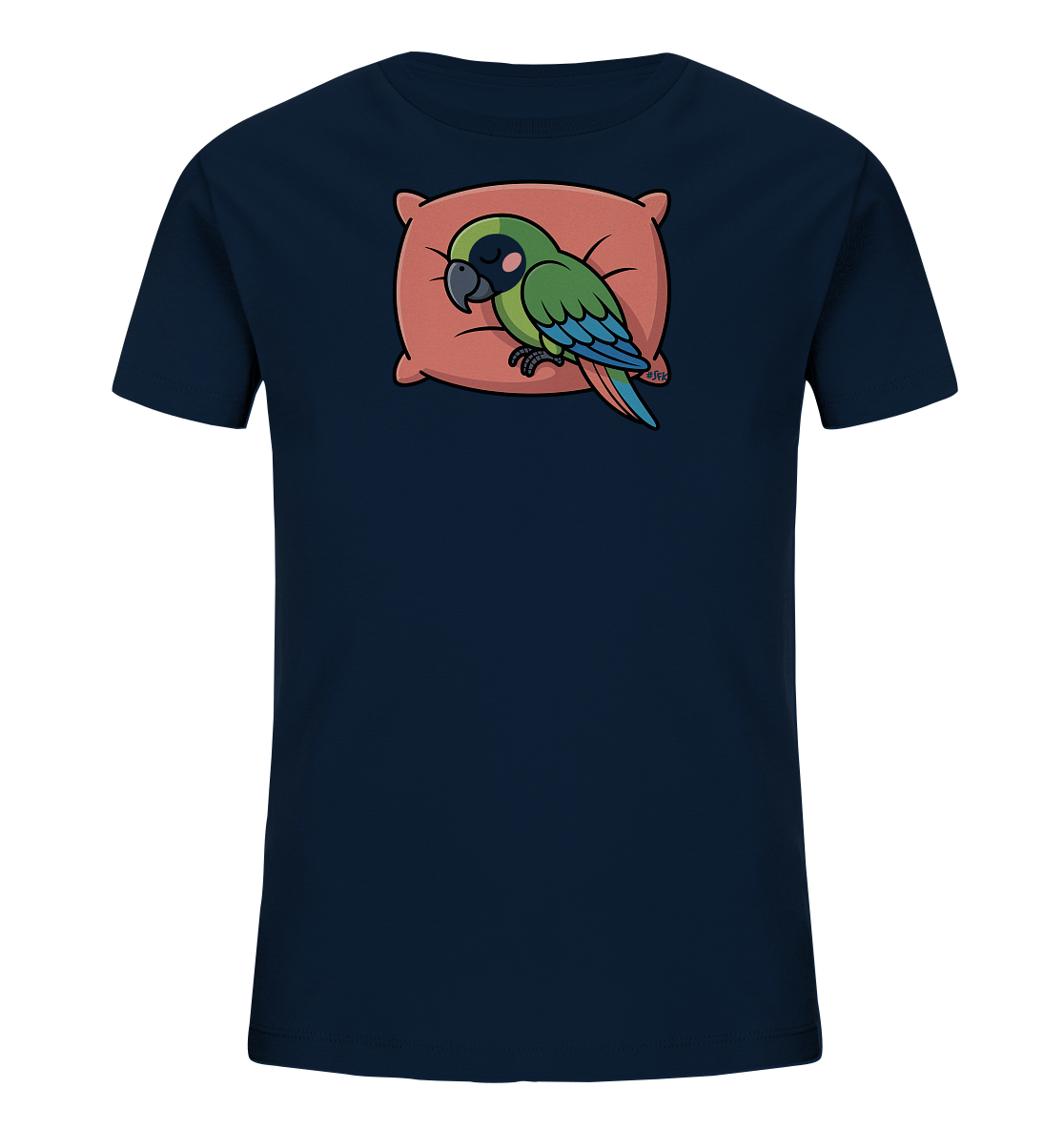 Onlineshop Shirts fuer Kinder - Das Bild zeigt ein dunkelblaues Kinder-T-Shirt mit einem niedlichen Motiv eines schlafenden Papageis. Der gruene Vogel liegt entspannt auf einem rosafarbenen Kissen. Seine Augen sind geschlossen, und er hat blaue Fluegel und Schwanzfedern. Dieses Design verleiht dem Shirt eine ruhige und verspielte Ausstrahlung.