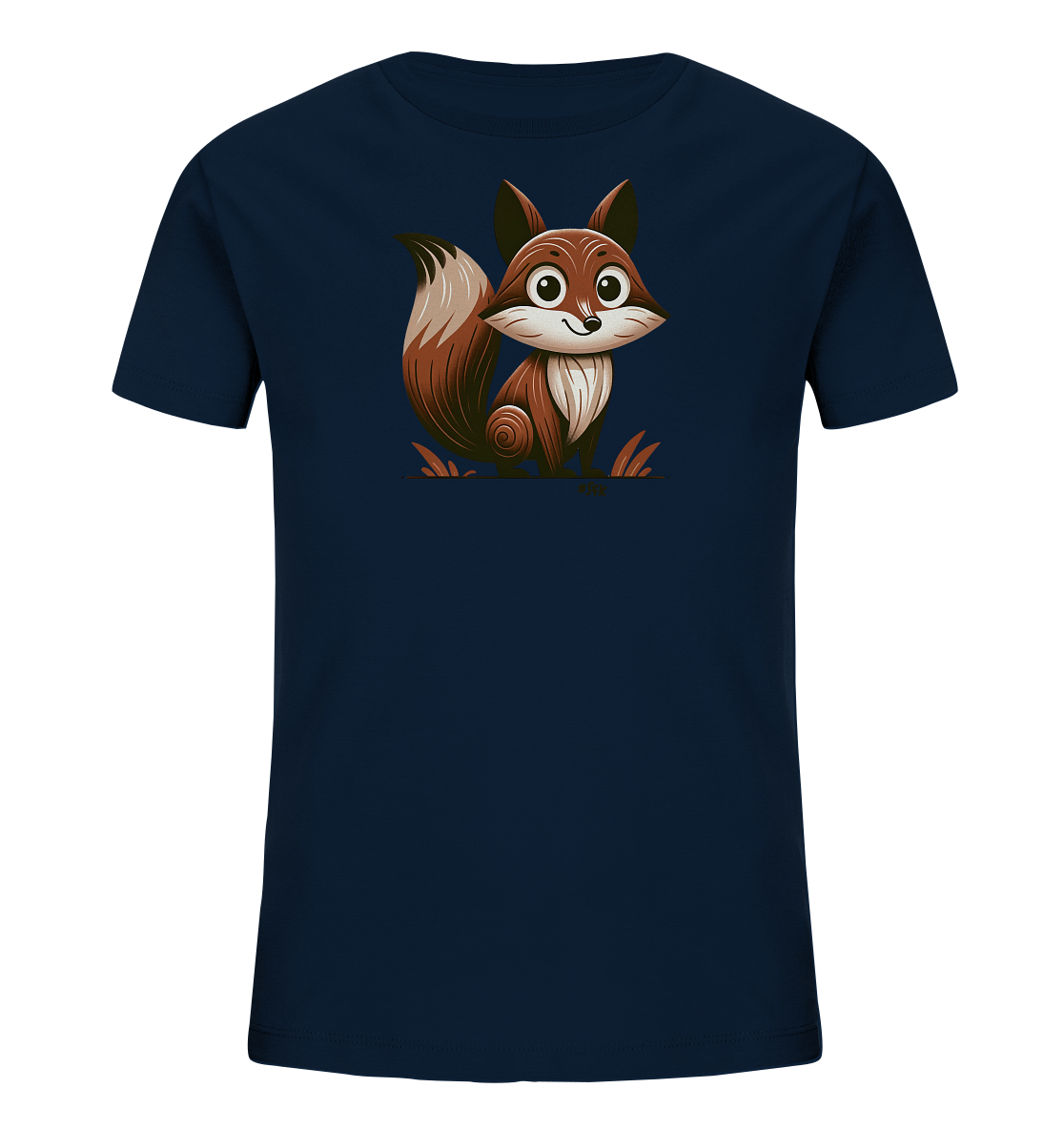 Onlineshop Shirts fuer Kinder - Das Bild zeigt ein dunkelblaues Kinder T-Shirt. Auf der Vorderseite ist eine suesse Illustration eines Eichhoernchens im Cartoon-Stil abgebildet. Das Eichhoernchen hat braun-beige Fell und sitzt laechelnd inmitten einfacher Grasgrafiken. Das Design ist kindgerecht und freundlich gestaltet.