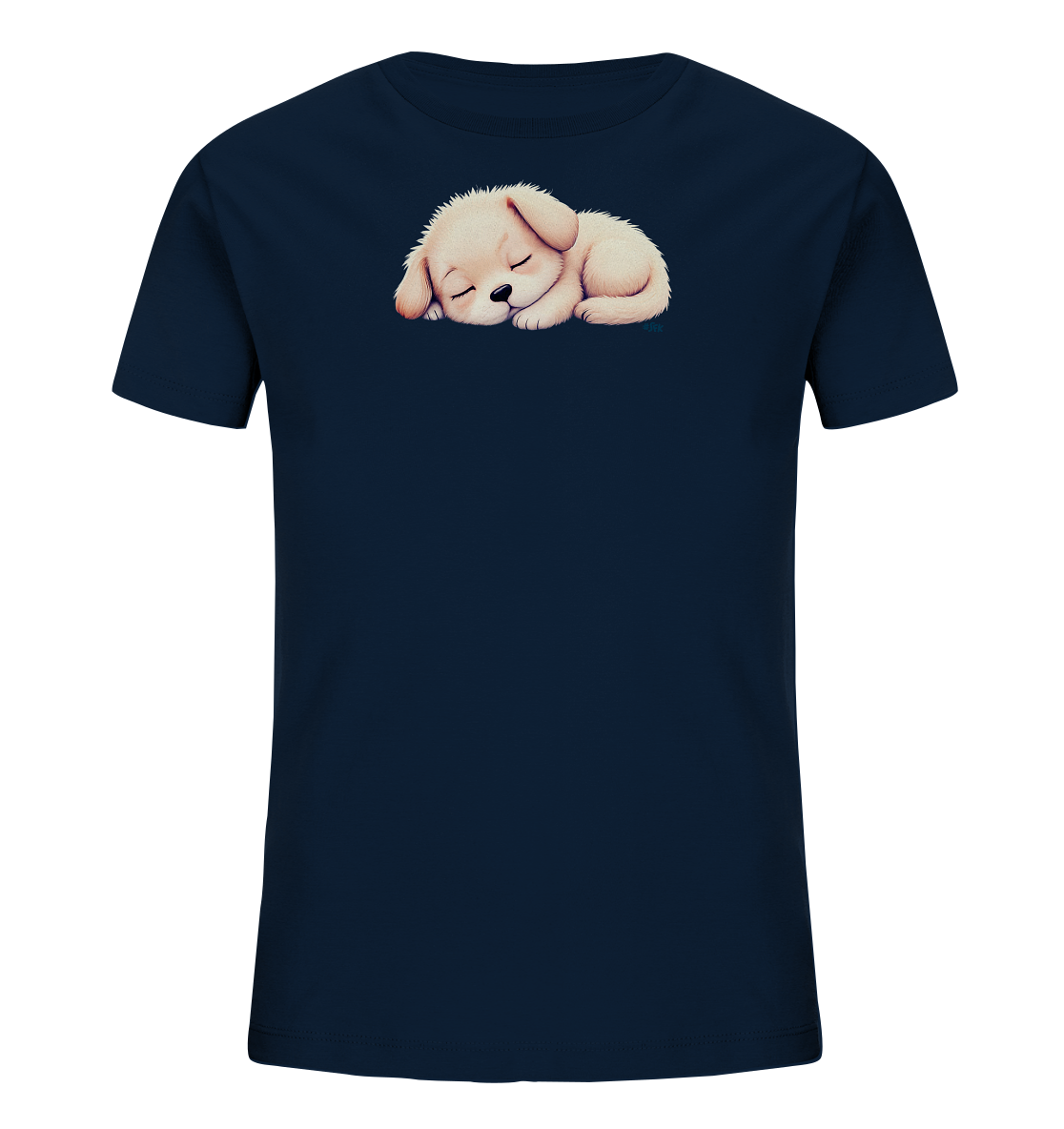Onlineshop Shirts fuer Kinder - Das Bild zeigt ein dunkelblaues T-Shirt fuer Kinder. Auf der Vorderseite ist ein niedliches, hellbeige schlafendes Welpenmotiv zu sehen. Der Welpe ist zusammengerollt dargestellt, die Augen geschlossen. Dieses Design verleiht dem Shirt einen ruhigen und liebevollen Charakter.