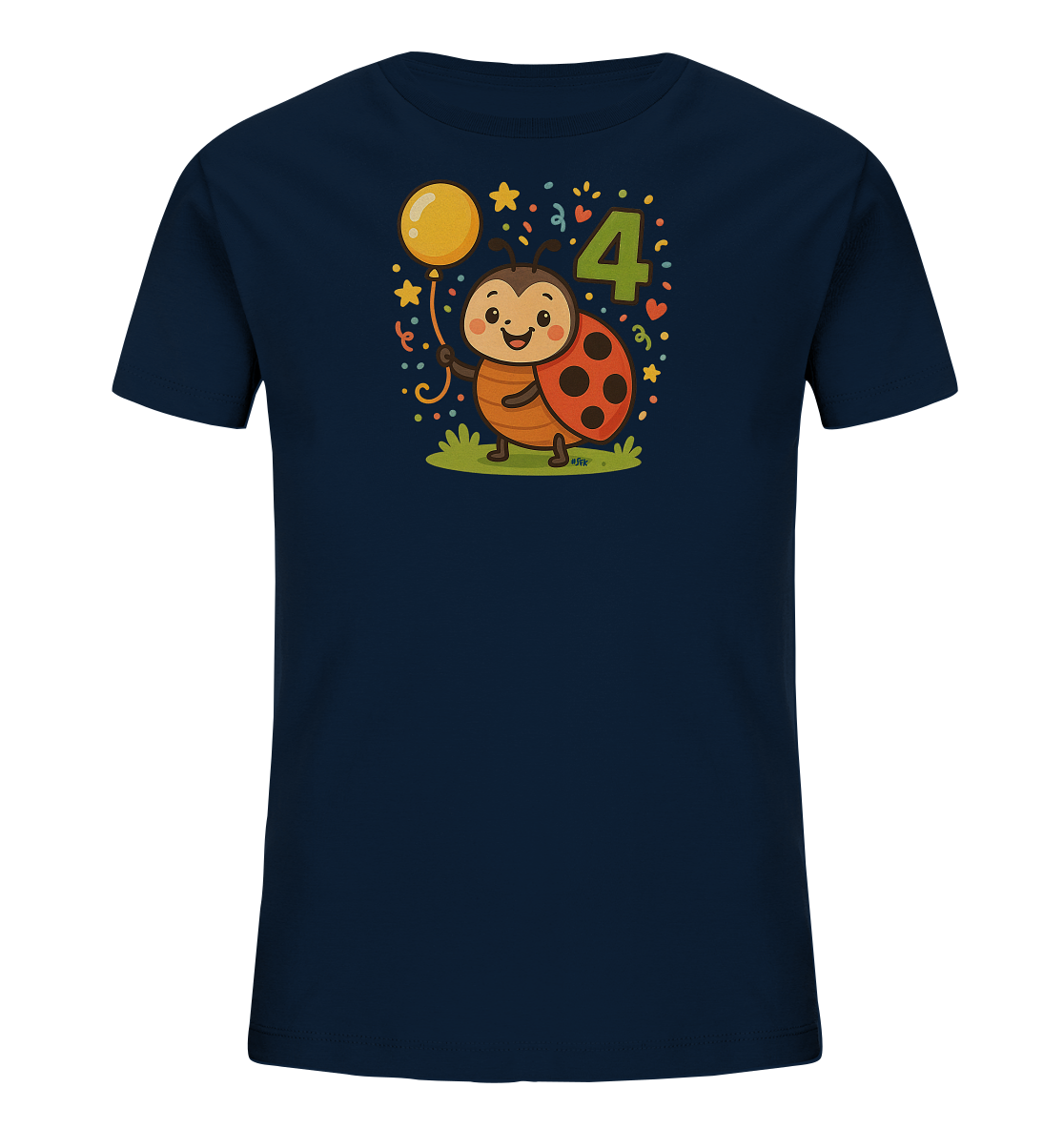 Onlineshop Shirts fuer Kinder - Das Bild zeigt ein dunkelblaues T-Shirt fuer Kinder mit einem froehlichen Motiv auf der Vorderseite. Im Zentrum steht ein lachender Marienkaefer, der einen gelben Ballon festhaelt und auf Gras steht. Daneben ist eine gruene Zahl '4' zu sehen, umgeben von Sternen, Herzen und Konfetti in verschiedenen Farben. Das Design wirkt sehr festlich und kindgerecht, passend fuer einen Geburtstag.