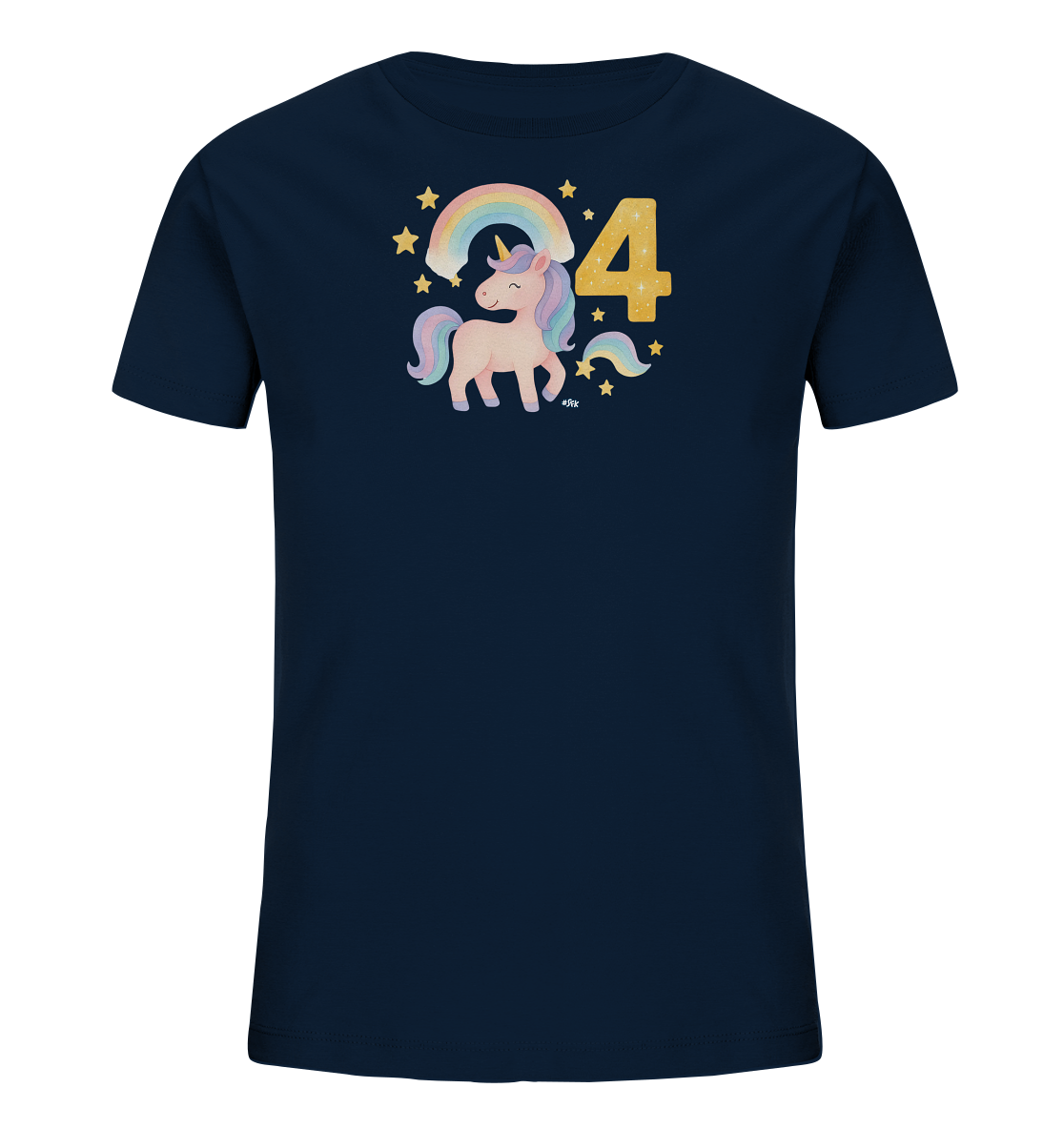 Onlineshop Shirts fuer Kinder - Das Bild zeigt ein dunkelblaues T-Shirt fuer Kinder mit einem farbenfrohen Aufdruck. Das Motiv besteht aus einem niedlichen Einhorn mit Regenbogen-Maehne und einem Regenbogen im Hintergrund. Daneben ist die Zahl '4' in gelben, glitzernden Buchstaben dargestellt, umgeben von kleinen Sternen.