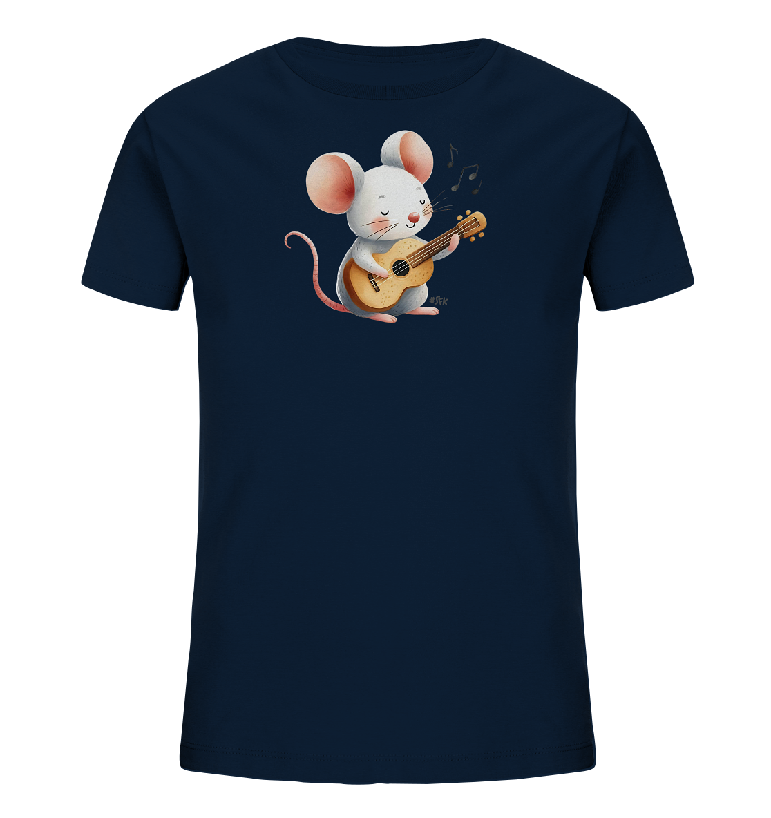Onlineshop Shirts für Kinder - Das Bild zeigt ein dunkelblaues Kinder-T-Shirt mit einem entzückenden Druck einer Maus auf der Vorderseite. Die weiße Cartoon-Maus sitzt und spielt eine kleine Gitarre, wobei Musiknoten um ihren Kopf schweben. Sie hat große rosa Ohren, ein geschlossenes Auge und ein Lächeln, was ihr ein fröhliches Aussehen verleiht. Das Design ist verspielt und ansprechend.