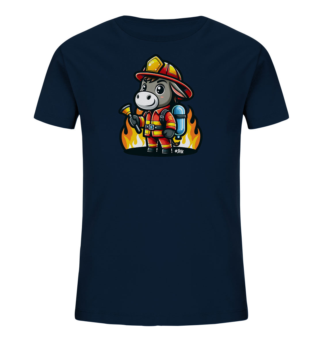 Kinder T-Shirt mit ein freundlicher Esel als Feuerwehrmann mit Helm, Anzug und Schlauch