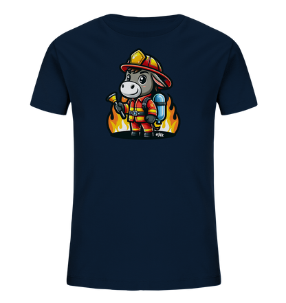 Kinder T-Shirt mit ein freundlicher Esel als Feuerwehrmann mit Helm, Anzug und Schlauch