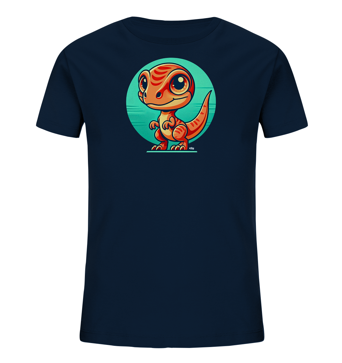 Onlineshop Shirts fuer Kinder - Das Bild zeigt ein dunkelblaues Kinder-T-Shirt mit einem niedlichen Druck auf der Vorderseite. Der Druck besteht aus einem orange-roten, comicartigen Dinosaurier mit grossen Augen, der in einem tealfarbenen Kreis steht. Der freundlich aussehende Dino hat gestreifte Haut und kleine Ärmchen. Das Design ist verspielt und farbenfroh gestaltet.