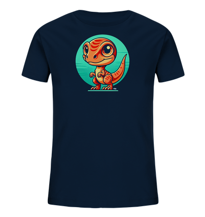 Onlineshop Shirts fuer Kinder - Das Bild zeigt ein dunkelblaues Kinder-T-Shirt mit einem niedlichen Druck auf der Vorderseite. Der Druck besteht aus einem orange-roten, comicartigen Dinosaurier mit grossen Augen, der in einem tealfarbenen Kreis steht. Der freundlich aussehende Dino hat gestreifte Haut und kleine Ärmchen. Das Design ist verspielt und farbenfroh gestaltet.