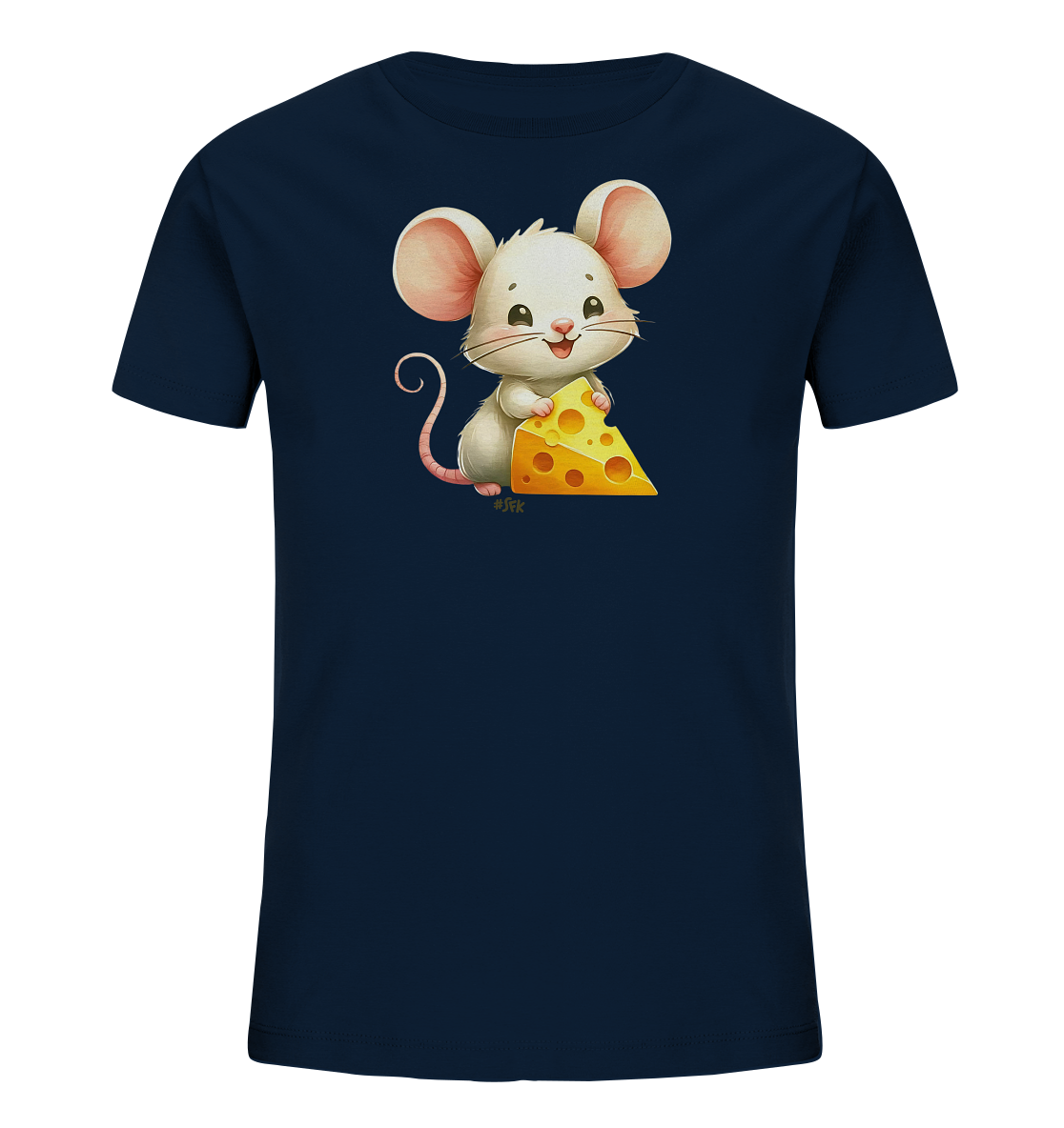 Onlineshop Shirts fuer Kinder - Dieses dunkelblaue Kinder-T-Shirt zeigt eine charmante Illustration einer kleinen weissen Maus auf der Vorderseite. Die Maus haelt ein grosses Stueck gelben Kaese mit Loechern fest. Sie hat grosse, rosa Ohren und ein freundliches, laechelndes Gesicht. Das Design wirkt verspielt und niedlich.