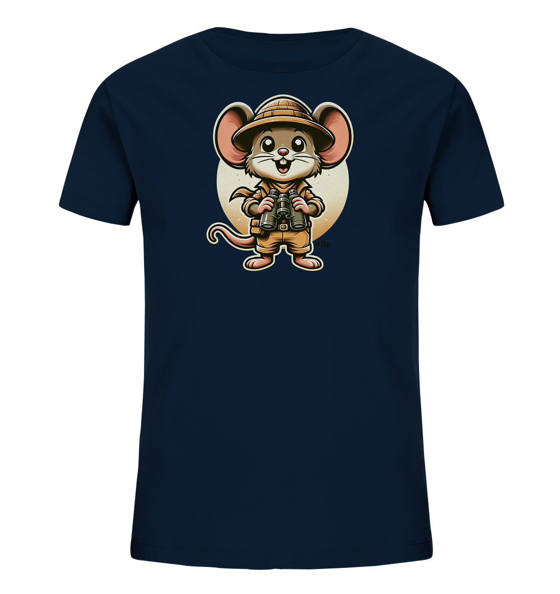 Onlineshop Shirts fuer Kinder - Das dunkelblaue T-Shirt zeigt eine charmante, cartoonhafte Maus in Abenteurerkleidung. Sie traegt einen Safarihut und haelt ein Fernglas in ihren Pfoten. Hinter der Maus ist ein heller Kreis als Hintergrundgrafik. Die Illustration wirkt freundlich und detailreich.