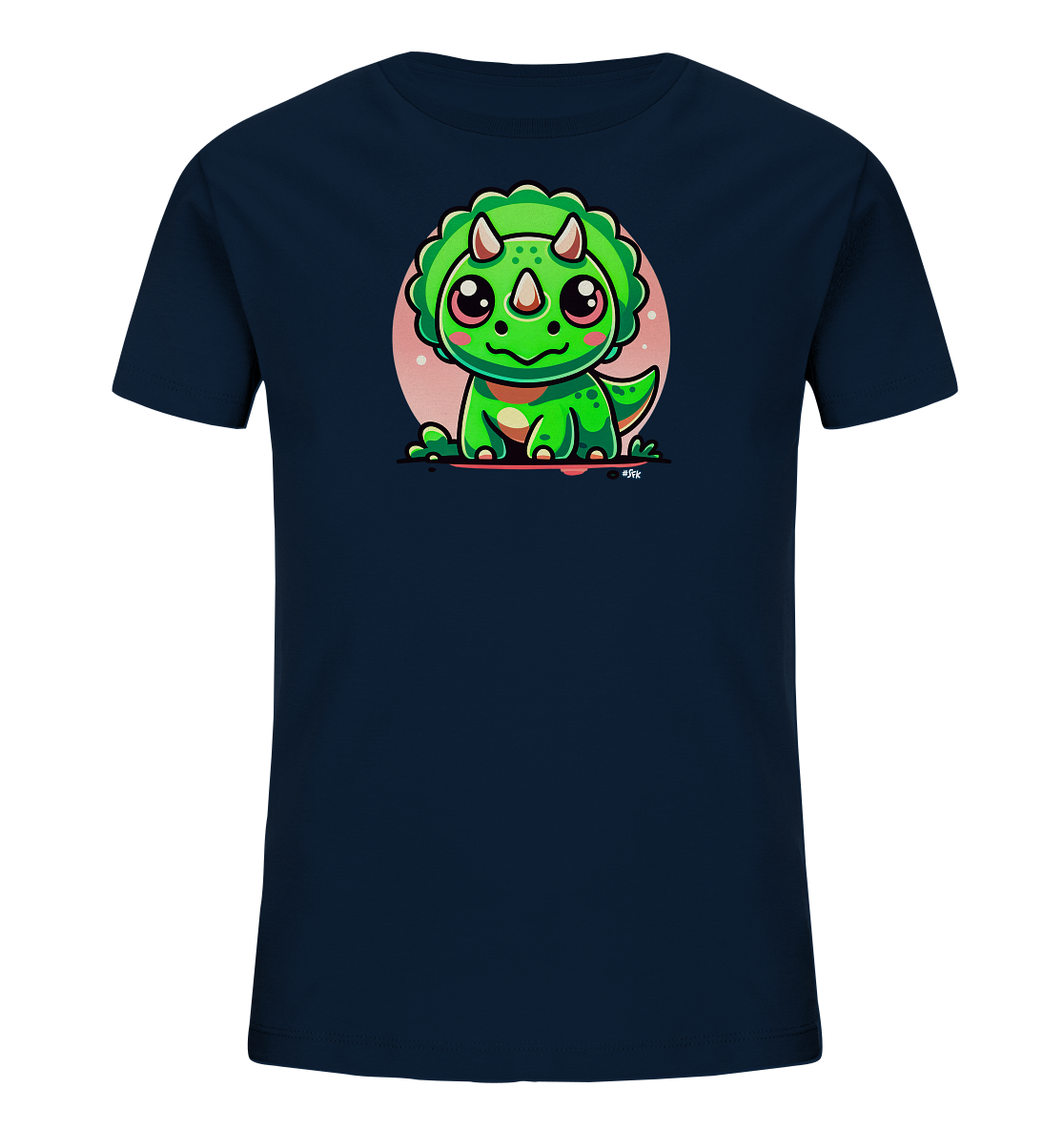 Onlineshop Shirts fuer Kinder - Das Bild zeigt ein dunkelblaues T-Shirt fuer Kinder. Auf der Vorderseite ist eine niedliche Cartoon-Illustration eines kleinen gruenen Dinosauriers gedruckt. Der Dinosaurier aehnelt einem Triceratops mit grossen Augen und sitzt vor einem rosa Kreis. Das Design ist neutral und konzentriert sich auf das froehliche Dinosaurier-Motiv.