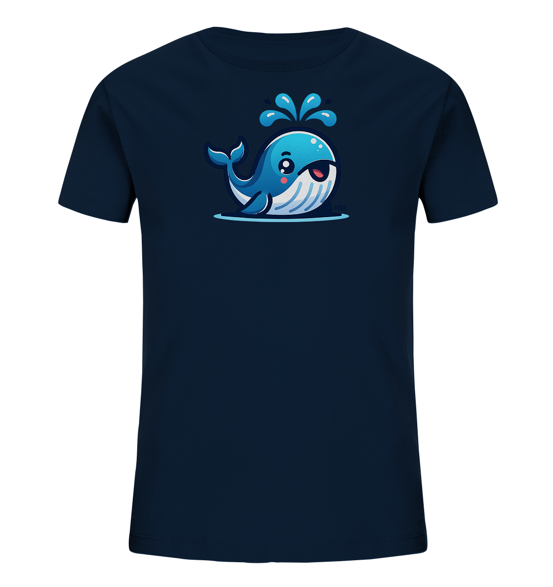 Onlineshop Shirts fuer Kinder - Das Bild zeigt ein dunkelblaues T-Shirt mit einem lustigen Walmotiv. Der freundlich aussehende blaue Wal spritzt Wasser in die Luft. Die cartoonhafte Darstellung des Wals im Wasser verleiht dem Shirt einen froehlichen und maritimen Look. Es ist ein ansprechendes Design fuer Kinder.