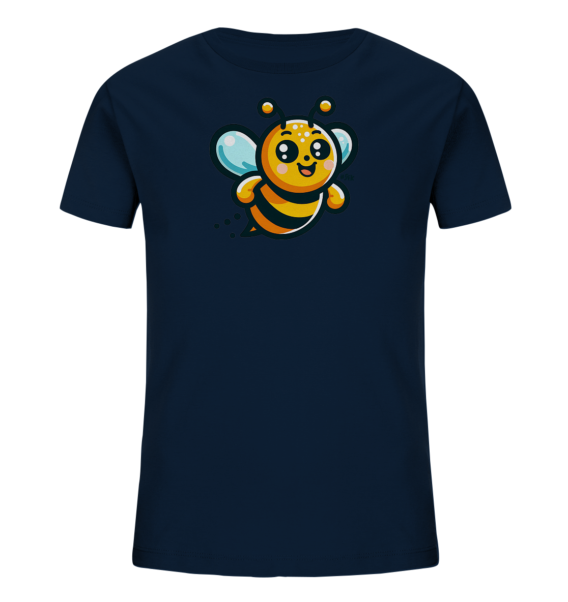 Onlineshop Shirts fuer Kinder - Das Bild zeigt ein dunkelblaues T-Shirt fuer Kinder mit einem farbenfrohen Motiv auf der Vorderseite. Das Motiv stellt eine niedliche, laechelnde Cartoon-Biene dar, die in der Luft schwebt. Die Biene hat leuchtend gelbe und orange Streifen, hellblaue Fluegel und freundliche Augen. Das Design ist verspielt und ansprechend fuer Kinder.
