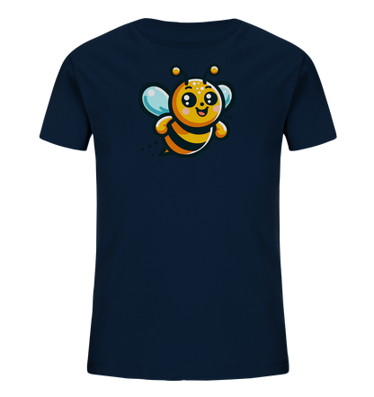 Onlineshop Shirts fuer Kinder - Das Bild zeigt ein dunkelblaues T-Shirt fuer Kinder mit einem farbenfrohen Motiv auf der Vorderseite. Das Motiv stellt eine niedliche, laechelnde Cartoon-Biene dar, die in der Luft schwebt. Die Biene hat leuchtend gelbe und orange Streifen, hellblaue Fluegel und freundliche Augen. Das Design ist verspielt und ansprechend fuer Kinder.