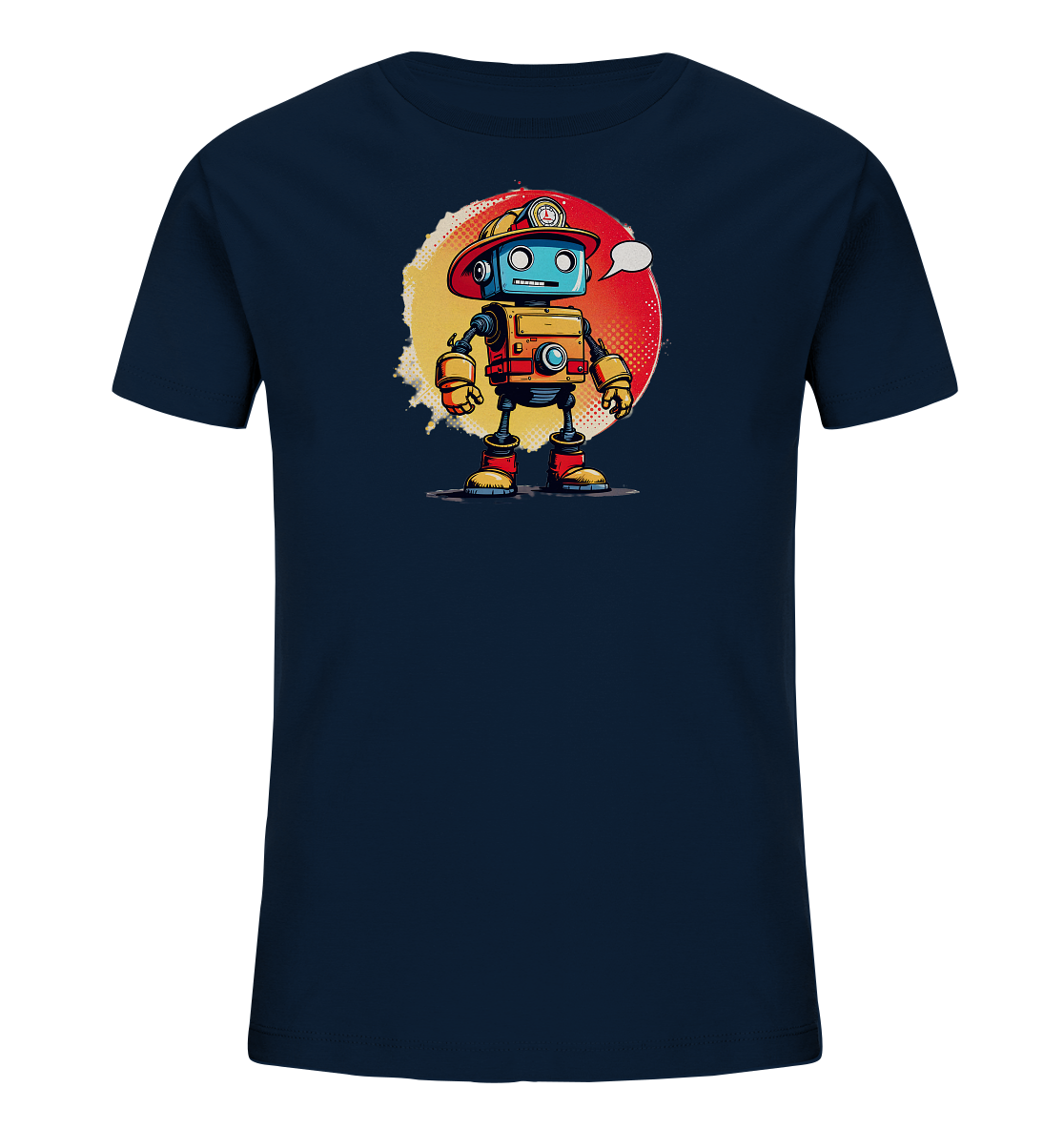 Onlineshop Shirts für Kinder - Das Bild zeigt ein dunkelblaues Kinder-T-Shirt, das mit einem farbenfrohen Motiv bedruckt ist. Im Zentrum des Designs steht ein cartoonartiger Roboter mit blauem Kopf, gelbem Körper und roten Gliedmaßen, der einen roten Feuerwehrhelm trägt. Der Roboter steht vor einem runden, strukturierten Hintergrund in Gelb und Rot und hat eine leere Sprechblase über dem Kopf. Dieses T-Shirt ist ein ansprechendes Kleidungsstück für Kinder, das spielerisch und detailreich gestaltet ist.