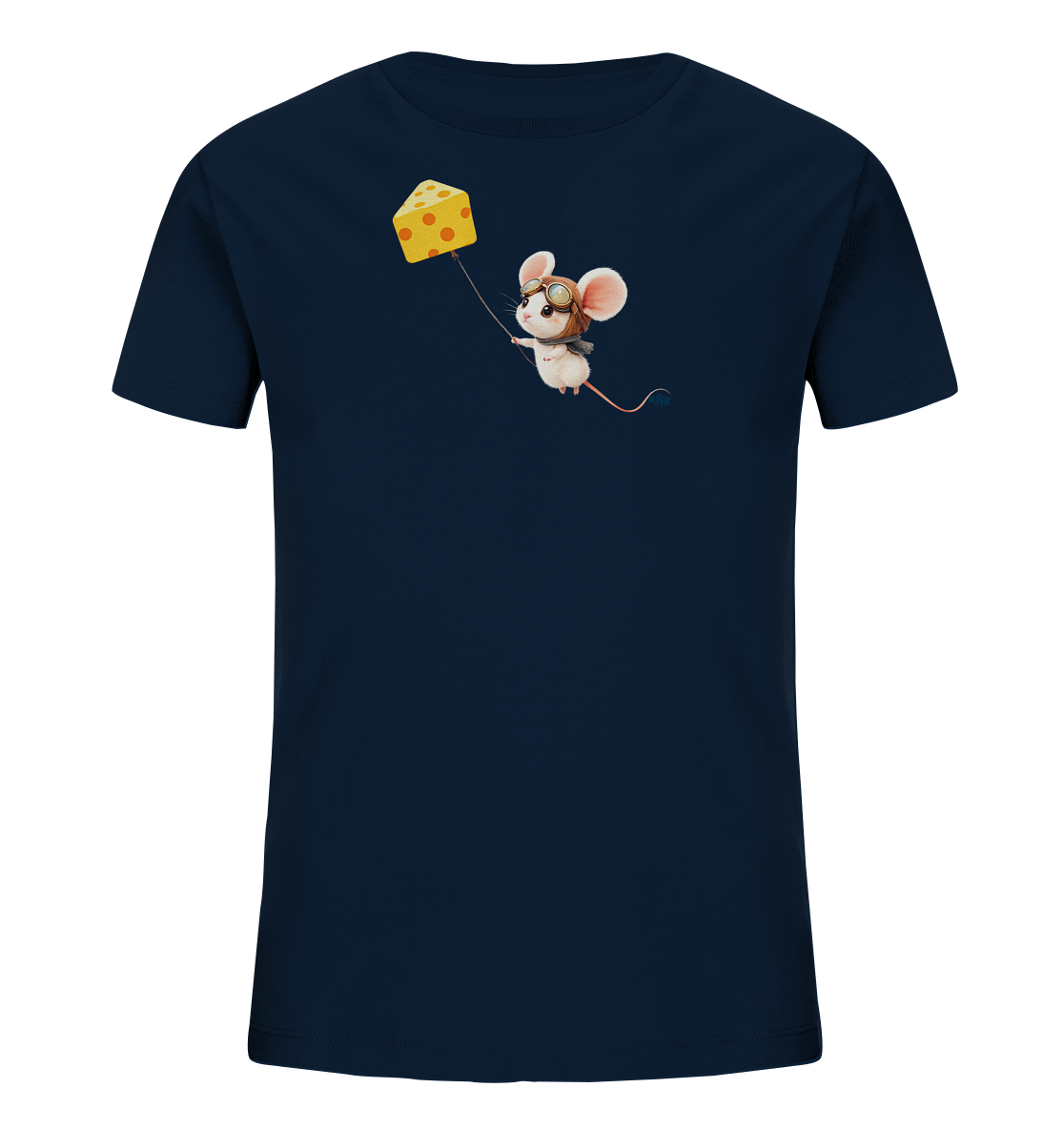 Onlineshop Shirts fuer Kinder - Das Bild zeigt ein dunkelblaues Kinder-T-Shirt mit einem fantasievollen Motiv auf der Vorderseite. Eine kleine, niedliche Maus, die eine Fliegerhaube und eine Brille traegt, schwebt dabei an einem grossen Stueck gelben Kaeses. Die Maus haelt den Kaese an einer Schnur, was den Eindruck erweckt, sie wuerde mit ihm fliegen. Das Design ist verspielt und detailreich.