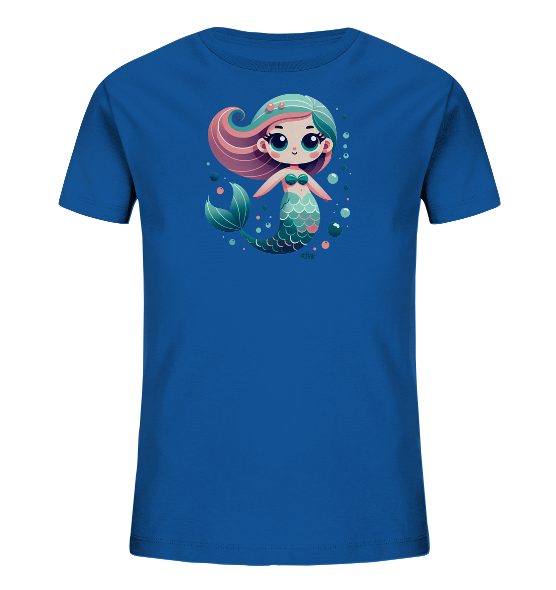 Onlineshop Shirts fuer Kinder - Das Bild zeigt ein leuchtend blaues T-Shirt fuer Kinder mit einem farbenfrohen Meerjungfrauen-Motiv auf der Vorderseite. Die Illustration zeigt eine laechelnde Cartoon-Meerjungfrau mit rosa und tuerkisfarbenen Haaren und einer gruenen Schwanzflosse. Sie ist umgeben von schwebenden Blasen in verschiedenen Farben wie Rosa, Gruen und Blau. Das Design wirkt verspielt und maritim.