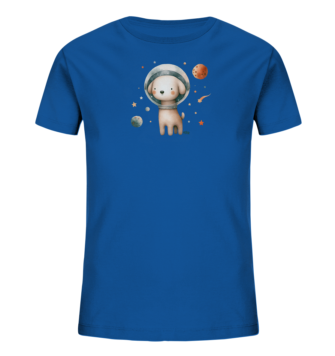 Onlineshop Shirts fuer Kinder - Dieses royalblaue Kinder T-Shirt zeigt einen Druck eines niedlichen Hundes in einem Astronautenhelm. Das Motiv ist von Himmelskoerpern wie Planeten und Sternen umgeben.