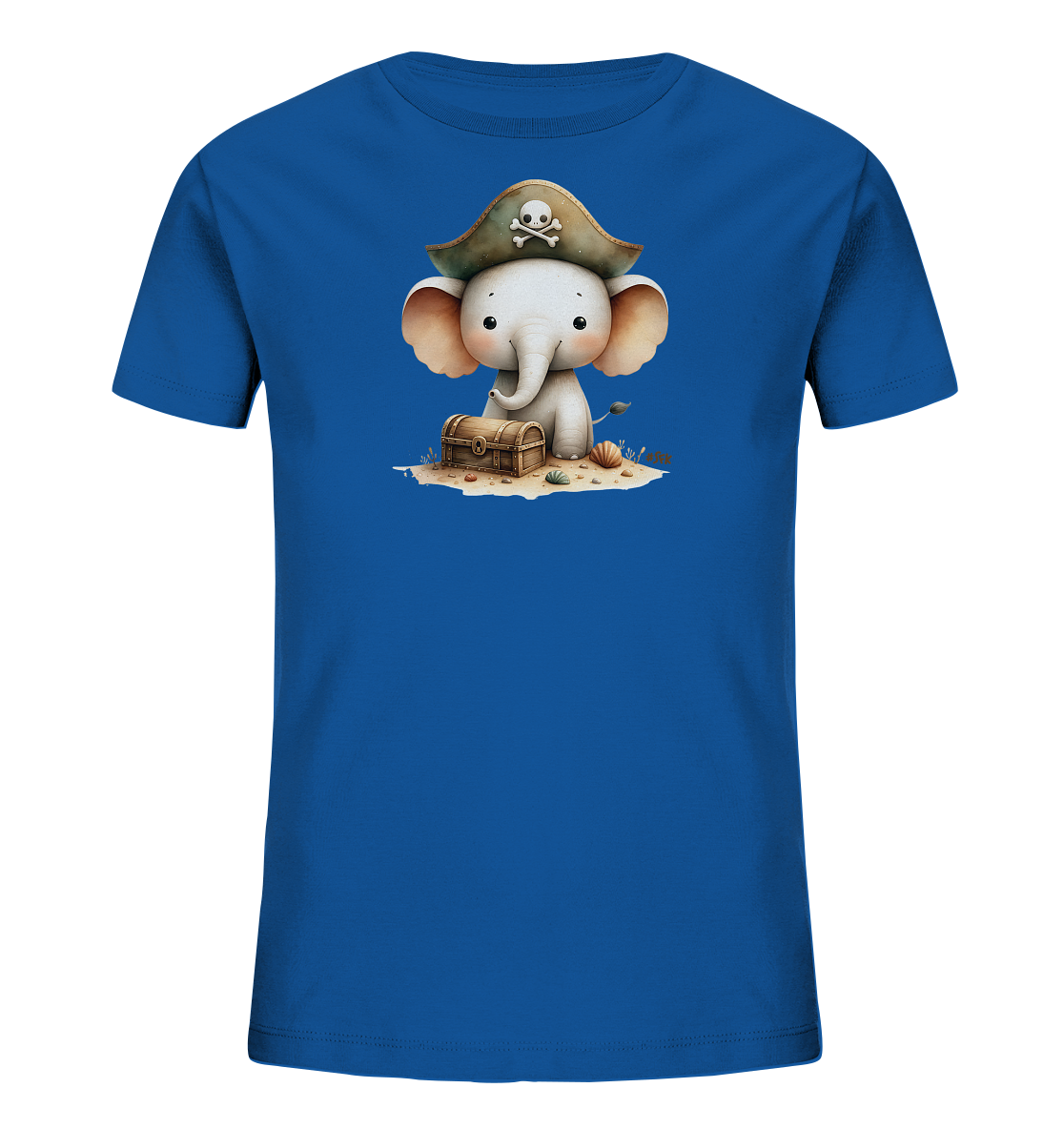Onlineshop Shirts fuer Kinder - Das Bild zeigt ein blaues Kinder-T-Shirt mit einem niedlichen Elefanten als Pirat. Der Elefant traegt einen Hut mit Totenkopf und sitzt neben einer Schatztruhe auf Sand, umgeben von Muscheln. Die detailreiche Illustration im Comic-Stil vermittelt ein froehliches Abenteuer-Motiv.