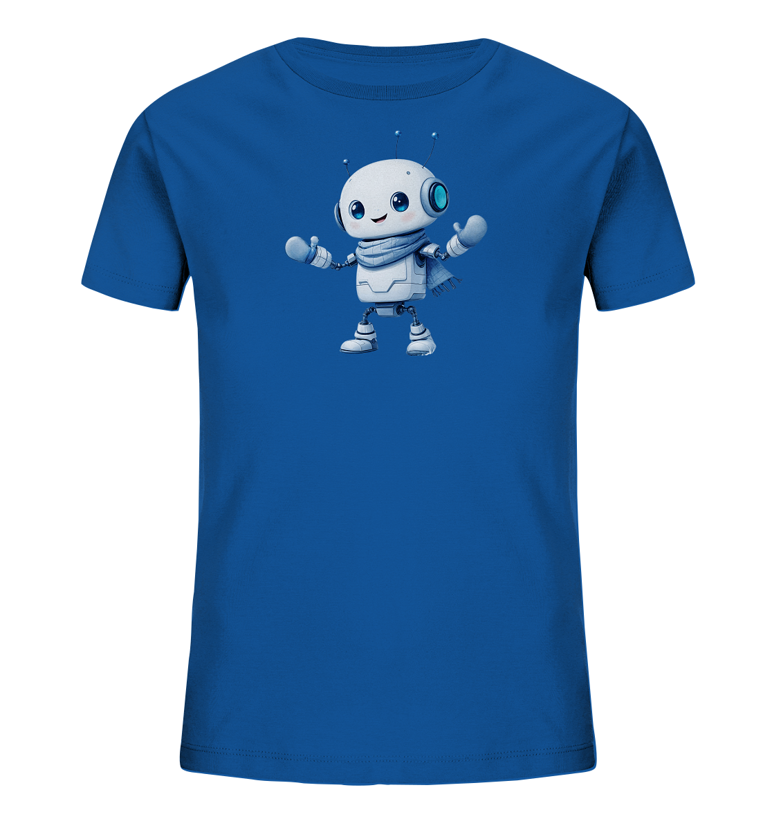 Onlineshop Shirts für Kinder - Das Bild zeigt ein leuchtend blaues T-Shirt für Kinder. Auf der Vorderseite ist ein niedliches, weißes Roboter-Motiv zu sehen. Der cartoonartige Roboter trägt einen grauen Schal und passende Fäustlinge und hat große, freundliche blaue Augen. Das Motiv wirkt fröhlich und verspielt, ideal für ein Kinder-T-Shirt.