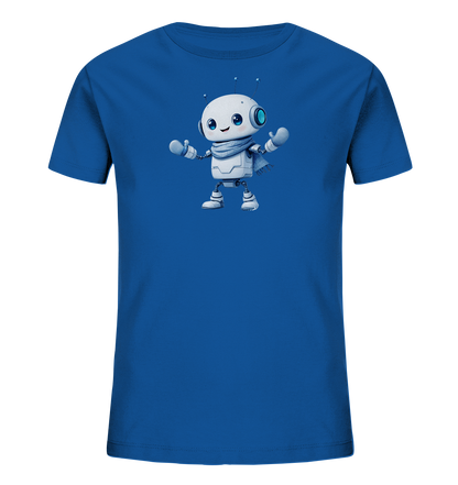 Onlineshop Shirts für Kinder - Das Bild zeigt ein leuchtend blaues T-Shirt für Kinder. Auf der Vorderseite ist ein niedliches, weißes Roboter-Motiv zu sehen. Der cartoonartige Roboter trägt einen grauen Schal und passende Fäustlinge und hat große, freundliche blaue Augen. Das Motiv wirkt fröhlich und verspielt, ideal für ein Kinder-T-Shirt.