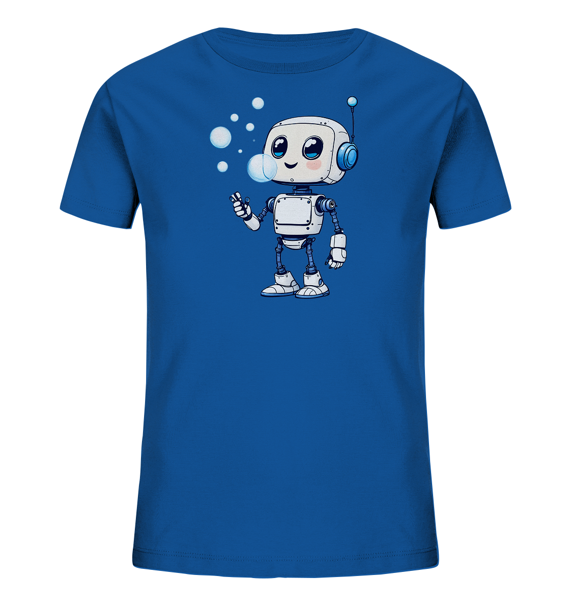Onlineshop Shirts für Kinder - Das Bild zeigt ein leuchtend blaues T-Shirt für Kinder, präsentiert auf einem neutralen Hintergrund. Auf der Vorderseite des Shirts ist eine farbige Illustration eines niedlichen, cartoonhaften Roboters abgebildet. Der Roboter, hauptsächlich in Weiß und Grau gehalten mit blauen Akzenten, bläst mehrere Seifenblasen nach oben links. Dieses verspielte Motiv verleiht dem T-Shirt einen freundlichen und fröhlichen Look.