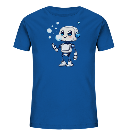 Onlineshop Shirts für Kinder - Das Bild zeigt ein leuchtend blaues T-Shirt für Kinder, präsentiert auf einem neutralen Hintergrund. Auf der Vorderseite des Shirts ist eine farbige Illustration eines niedlichen, cartoonhaften Roboters abgebildet. Der Roboter, hauptsächlich in Weiß und Grau gehalten mit blauen Akzenten, bläst mehrere Seifenblasen nach oben links. Dieses verspielte Motiv verleiht dem T-Shirt einen freundlichen und fröhlichen Look.