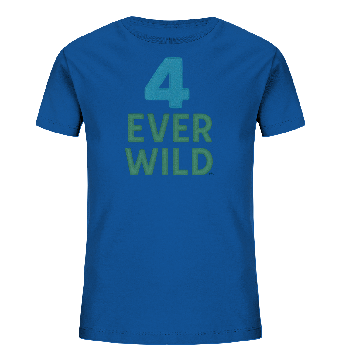 Onlineshop Shirts fuer Kinder - Ein blaues T-Shirt mit einem kraeftigen Aufdruck auf der Vorderseite. Eine grosse, hellblaue '4' steht ueber dem gruenen Text 'EVER WILD'. Das Design ist modern und farblich auffaellig gestaltet.