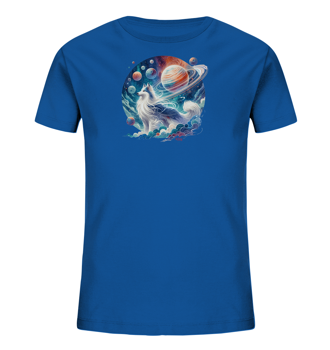 Onlineshop Shirts fuer Kinder - Dieses blaue T-Shirt zeigt ein Motiv eines weissen Wolfs auf Wolken mit einem Hintergrund aus Weltall, Planeten und Sternen. Das detailreiche und farbenfrohe Design ist kuenstlerisch gestaltet.