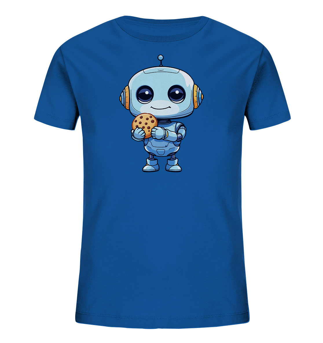 Onlineshop Shirts für Kinder - Das Bild zeigt ein blaues T-Shirt für Kinder mit einem zentralen Druckmotiv. Das Motiv stellt einen niedlichen, cartoonhaften Roboter dar, der einen Schokoladenchip-Keks in den Händen hält. Der Roboter ist hellblau mit orangefarbenen Details und hat ein freundliches Lächeln sowie große Augen. Dieses Design verleiht dem Shirt einen verspielten und ansprechenden Charakter, geeignet für den Alltag.