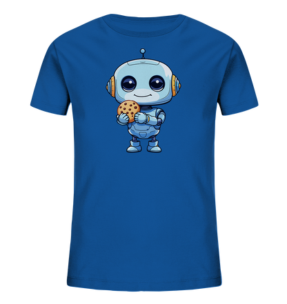 Onlineshop Shirts für Kinder - Das Bild zeigt ein blaues T-Shirt für Kinder mit einem zentralen Druckmotiv. Das Motiv stellt einen niedlichen, cartoonhaften Roboter dar, der einen Schokoladenchip-Keks in den Händen hält. Der Roboter ist hellblau mit orangefarbenen Details und hat ein freundliches Lächeln sowie große Augen. Dieses Design verleiht dem Shirt einen verspielten und ansprechenden Charakter, geeignet für den Alltag.