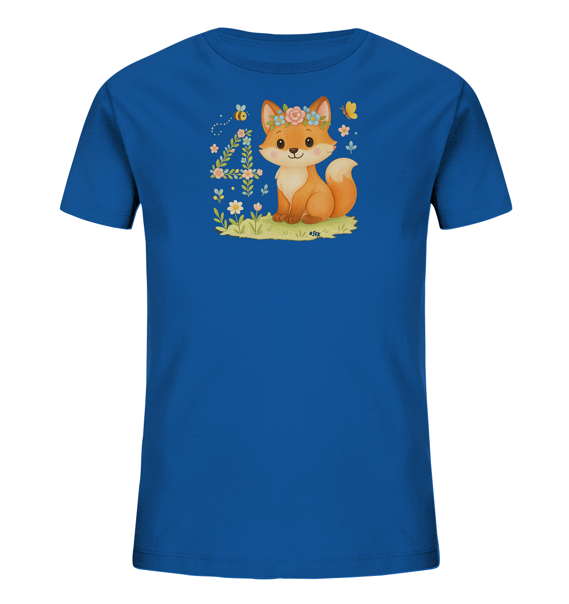 Onlineshop Shirts fuer Kinder - Das Bild zeigt ein blaues Kinder-T-Shirt. Auf der Vorderseite ist eine Illustration eines niedlichen Fuchses abgebildet, der eine Blumenkrone traegt und im Gras sitzt. Neben dem Fuchs ist die Zahl '4' zu sehen, verziert mit floralen Elementen sowie einer Biene und einem Schmetterling. Das Design wirkt froehlich und passend fuer ein Kind.