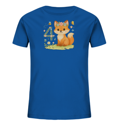 Onlineshop Shirts fuer Kinder - Das Bild zeigt ein blaues Kinder-T-Shirt. Auf der Vorderseite ist eine Illustration eines niedlichen Fuchses abgebildet, der eine Blumenkrone traegt und im Gras sitzt. Neben dem Fuchs ist die Zahl '4' zu sehen, verziert mit floralen Elementen sowie einer Biene und einem Schmetterling. Das Design wirkt froehlich und passend fuer ein Kind.