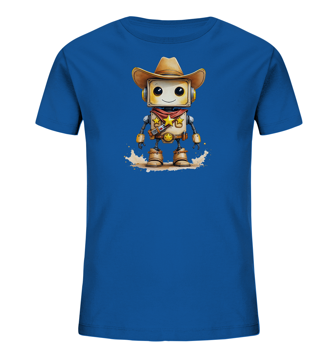 Onlineshop Shirts für Kinder - Das Bild zeigt ein blaues Kinder-T-Shirt. Auf der Vorderseite ist eine Illustration eines Roboters im Cowboy-Stil abgebildet. Der Roboter trägt einen Cowboyhut, ein rotes Halstuch mit einem goldenen Stern, einen Gürtel mit Holster und Stiefel. Das Design des Roboters ist detailliert gestaltet und steht auf einer stilisierten sandigen oder staubigen Oberfläche.