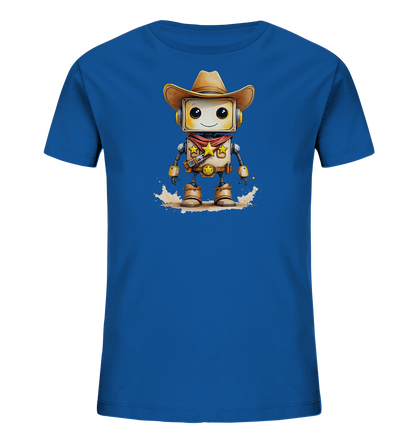 Onlineshop Shirts für Kinder - Das Bild zeigt ein blaues Kinder-T-Shirt. Auf der Vorderseite ist eine Illustration eines Roboters im Cowboy-Stil abgebildet. Der Roboter trägt einen Cowboyhut, ein rotes Halstuch mit einem goldenen Stern, einen Gürtel mit Holster und Stiefel. Das Design des Roboters ist detailliert gestaltet und steht auf einer stilisierten sandigen oder staubigen Oberfläche.