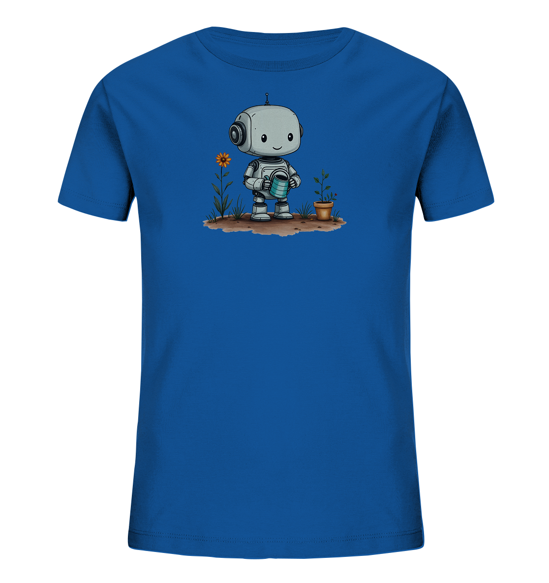 Onlineshop Shirts für Kinder - Das Bild zeigt ein blaues Kinder-T-Shirt mit einer neutralen, zentral platzierten Illustration. Die Illustration zeigt einen freundlichen Roboter mit einer Gießkanne in der Hand, der eine kleine Pflanze in einem Topf wässert. Neben dem Roboter wächst eine Sonnenblume aus einem kleinen Erdstreifen. Das Motiv ist in einem klaren, gezeichneten Stil gehalten und wirkt friedlich.