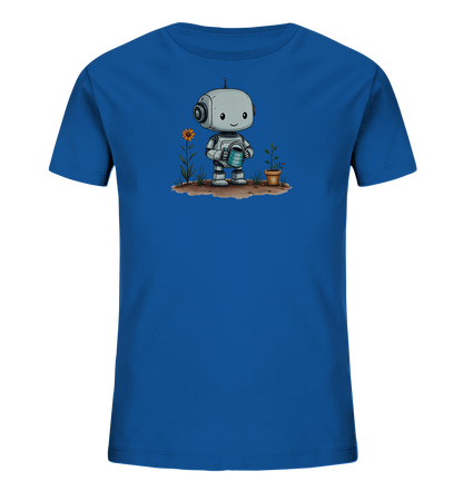 Onlineshop Shirts für Kinder - Das Bild zeigt ein blaues Kinder-T-Shirt mit einer neutralen, zentral platzierten Illustration. Die Illustration zeigt einen freundlichen Roboter mit einer Gießkanne in der Hand, der eine kleine Pflanze in einem Topf wässert. Neben dem Roboter wächst eine Sonnenblume aus einem kleinen Erdstreifen. Das Motiv ist in einem klaren, gezeichneten Stil gehalten und wirkt friedlich.
