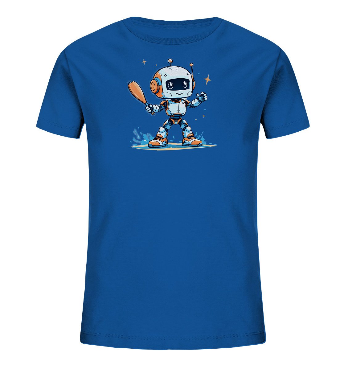 Onlineshop Shirts für Kinder - Dieses Bild zeigt ein blaues T-Shirt für Kinder mit einer farbenfrohen Grafik auf der Vorderseite. Die Grafik zeigt einen freundlich aussehenden Roboter, der einen Schläger hält, umgeben von Wasserspritzern und Sternen. Der Roboter ist detailreich in den Farben Weiß, Orange und Hellgrau dargestellt. Das Design wirkt verspielt und dynamisch.