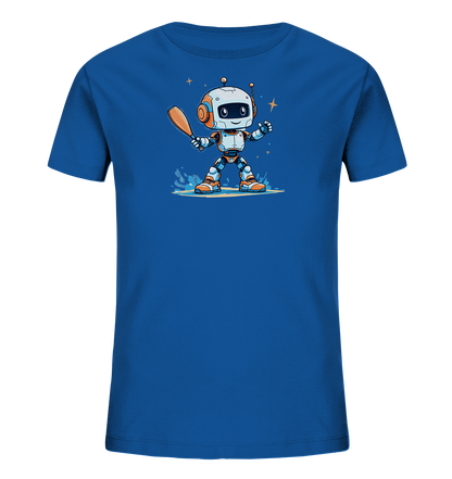 Onlineshop Shirts für Kinder - Dieses Bild zeigt ein blaues T-Shirt für Kinder mit einer farbenfrohen Grafik auf der Vorderseite. Die Grafik zeigt einen freundlich aussehenden Roboter, der einen Schläger hält, umgeben von Wasserspritzern und Sternen. Der Roboter ist detailreich in den Farben Weiß, Orange und Hellgrau dargestellt. Das Design wirkt verspielt und dynamisch.