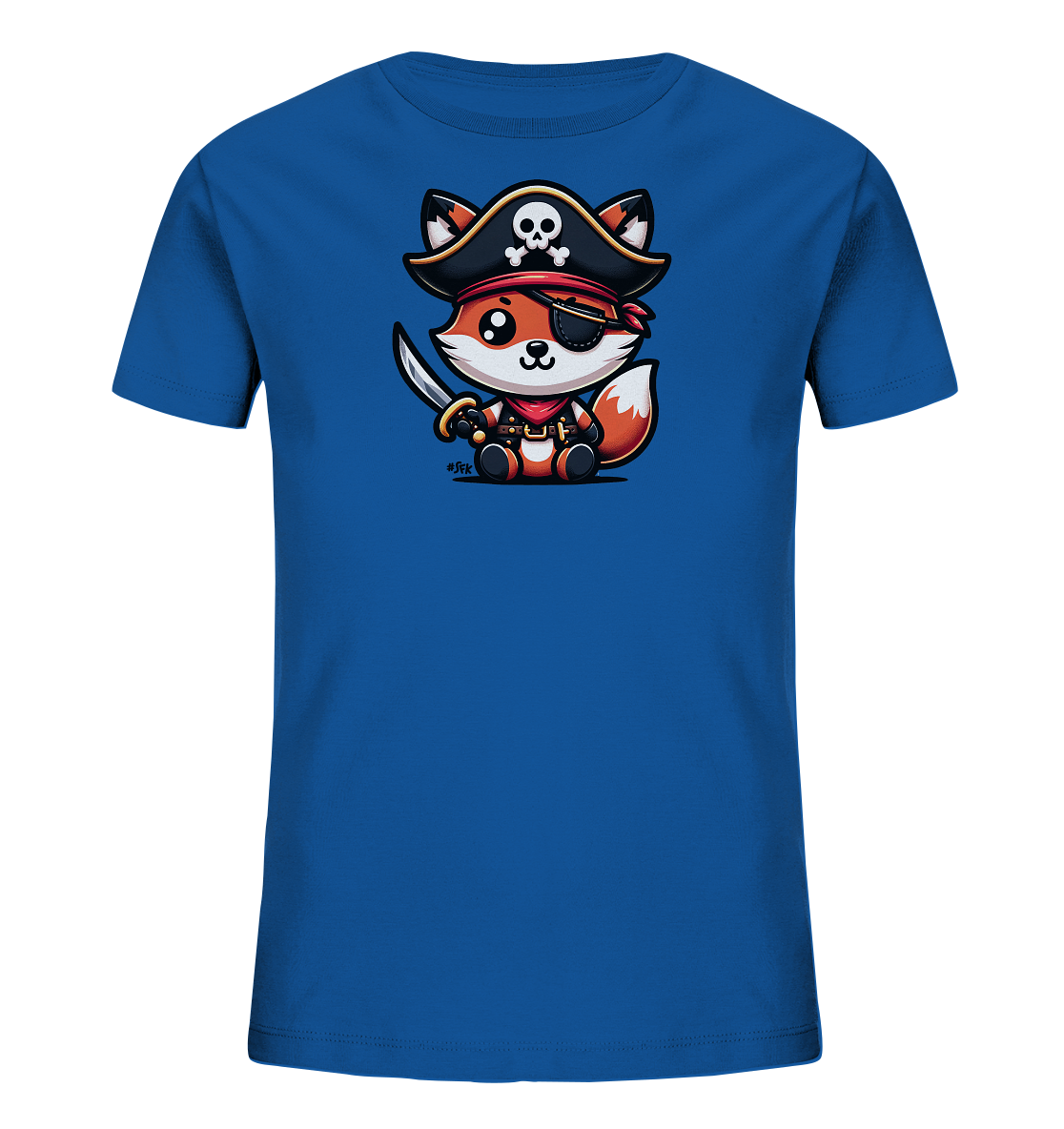 Onlineshop Shirts fuer Kinder - Das blaue Kinder-T-Shirt zeigt eine niedliche Illustration eines Fuchses als Pirat. Der Fuchs traegt einen typischen Piratenhut mit Totenkopf, eine Augenklappe und haelt eine kleine Klinge. Die detailreiche Grafik des sitzenden Fuchses ist zentral auf der Vorderseite platziert und farblich akzentuiert. Das Design wirkt verspielt und fantasievoll.