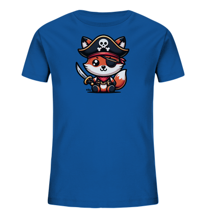 Onlineshop Shirts fuer Kinder - Das blaue Kinder-T-Shirt zeigt eine niedliche Illustration eines Fuchses als Pirat. Der Fuchs traegt einen typischen Piratenhut mit Totenkopf, eine Augenklappe und haelt eine kleine Klinge. Die detailreiche Grafik des sitzenden Fuchses ist zentral auf der Vorderseite platziert und farblich akzentuiert. Das Design wirkt verspielt und fantasievoll.