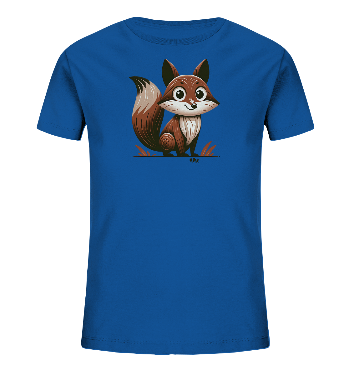 Onlineshop Shirts fuer Kinder - Das Bild zeigt ein blaues T-Shirt fuer Kinder mit einem niedlichen Fuchsmotiv auf der Vorderseite. Der cartoonartige Fuchs ist in warmen Brauntoenen gehalten und sitzt laechelnd aufrecht. Sein buschiger Schwanz ist seitlich geringelt dargestellt. Dieses verspielte Design ist ideal fuer junge Tiertfreunde.