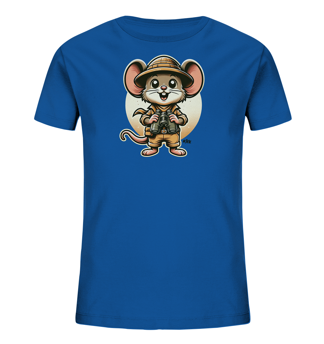 Onlineshop Shirts fuer Kinder - Das blaue Kinder T-Shirt zeigt eine niedliche Cartoon-Maus im Abenteurer-Outfit. Die Maus traegt einen Safarihut und haelt ein Fernglas in den Pfoten. Das froehliche Design wird von einem hellen Kreis im Hintergrund ergaenzt.