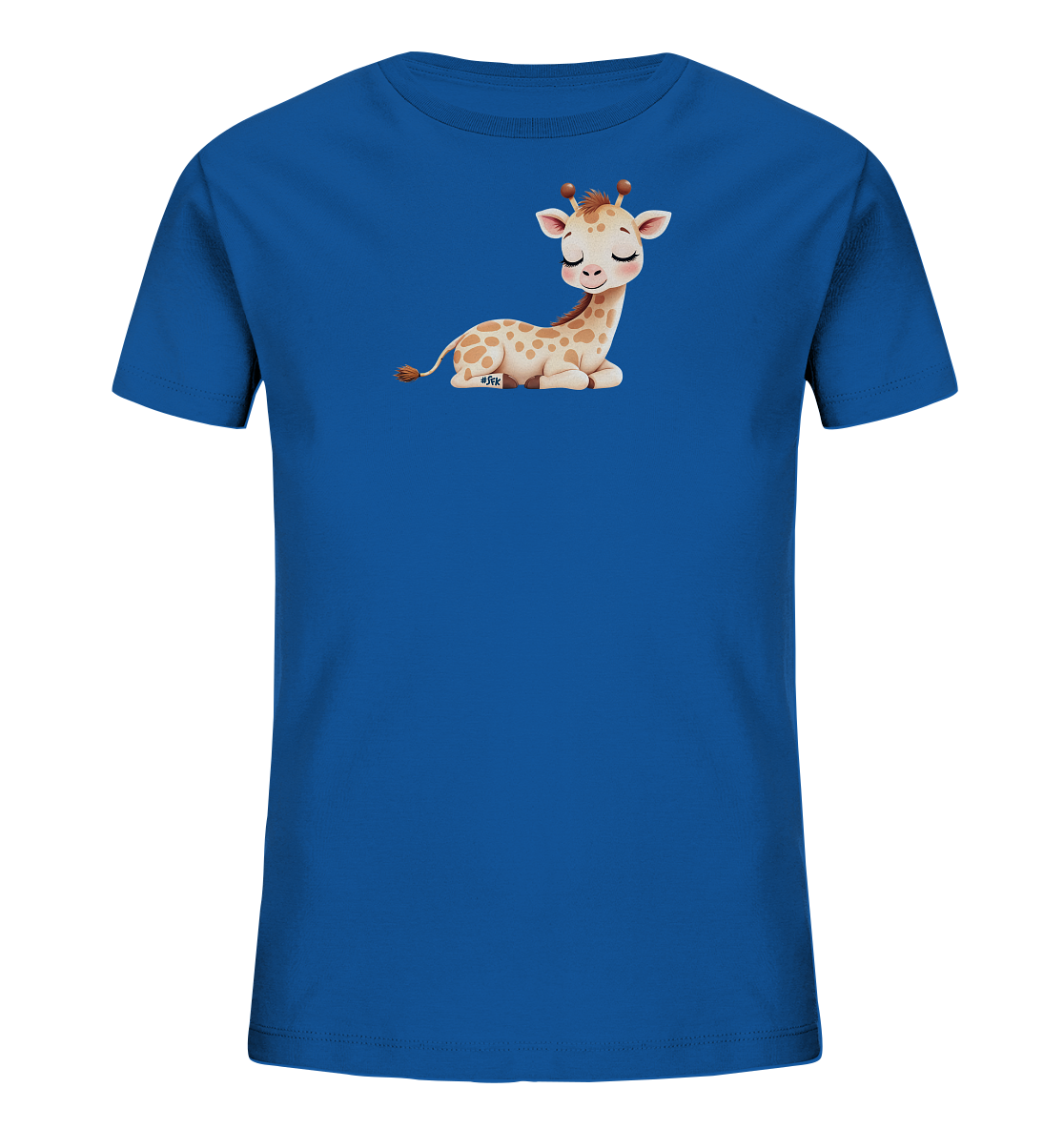 Onlineshop Shirts fuer Kinder - Das Bild zeigt ein blaues T-Shirt fuer Kinder. Auf der Vorderseite ist eine niedliche, liegende Giraffe abgebildet, die die Augen geschlossen hat und sanft laechelt. Die Giraffe ist in hellbraunen Toenen mit dunkleren Flecken gestaltet und verleiht dem Shirt einen verspielten Look.